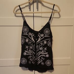 Poof! Embroidered Black and White Floral Spaghetti Strap Women's Shirt Medium